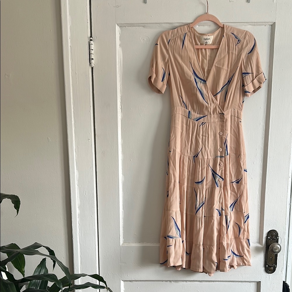 Women's Beige Midi Dress with Blue Accents